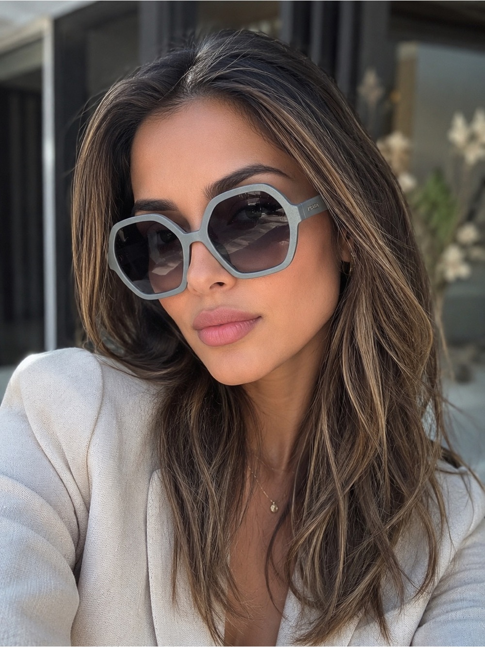 Prada Matte Gray Geometric Sunglasses with Dark Lenses